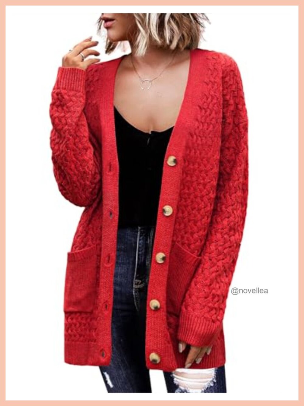 Womens Cable Knit Cardigan Button Down Sweater with Pockets